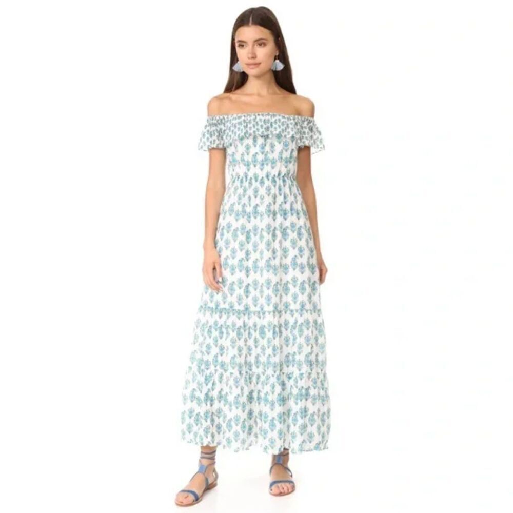 Club Monaco Channon Blue Floral Maxi Dress Size 0 100% Silk Off the Shoulder